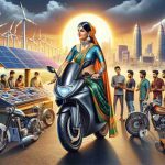 A highly detailed and realistic image representing the rise of electric motorcycles in India. In the foreground, a South Asian woman in traditional attire confidently riding a sleek, modern electric motorcycle. Urban Indian cityscape in the backdrop with renewable energy sources like solar panels and windmills scattered throughout. On one side, a group of young Indian men are excitedly inspecting a variety of electric motorcycles displayed at a shop. The rising sun in the backdrop symbolizes the dawn of a new era.