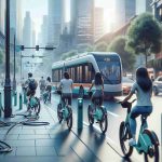 Create a hyper-realistic, high-definition image of a scene where daily commuting is being revolutionized. Focus on showcasing the use of budget-friendly electric bicycles. To add depth to this scene, also include charging stations spread across the area, highlighting the easy accessibility and maintenance of these e-bikes. The setting can be urban with busy streets, and people of various genders and descents using these e-bikes for their daily commute.