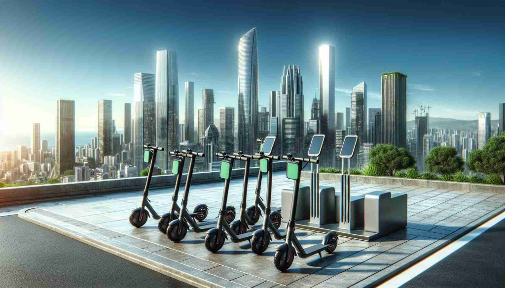 Realistic high-definition image of a pioneering approach to sustainable urban transit: a skyline adorned with e-scooters. The e-scooters have sleek designs, indicating their advanced technology. They are parked in a well-organized manner on a state-of-art docking station. The background provides a stunning view of a modern cityscape, with high-rise buildings reaching into the clear blue sky, symbolizing an urban environment. The whole scene communicates an advanced, green, and tech-savvy city ready for the future.