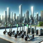 Realistic high-definition image of a pioneering approach to sustainable urban transit: a skyline adorned with e-scooters. The e-scooters have sleek designs, indicating their advanced technology. They are parked in a well-organized manner on a state-of-art docking station. The background provides a stunning view of a modern cityscape, with high-rise buildings reaching into the clear blue sky, symbolizing an urban environment. The whole scene communicates an advanced, green, and tech-savvy city ready for the future.