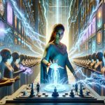 Ultra high-definition, realistic image of an intriguing scene. The main subject is a woman named Vaishali, with South Asian descent, who has successfully mastered an abstract concept of 'Energy Game'. Imagine the symbols of her victory, such as her standing amidst futuristic energy meters or panels. Feel free to represent 'energy' as beams of light she controls, perhaps with a specific hand gesture or tool. The element of surprise should be depicted in the unexpected, yet triumphant alliance that she has formed, represented by figures of varied descents and genders, all of them sharing a common goal of mastering this 'game'.