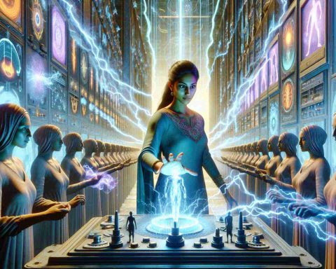 Ultra high-definition, realistic image of an intriguing scene. The main subject is a woman named Vaishali, with South Asian descent, who has successfully mastered an abstract concept of 'Energy Game'. Imagine the symbols of her victory, such as her standing amidst futuristic energy meters or panels. Feel free to represent 'energy' as beams of light she controls, perhaps with a specific hand gesture or tool. The element of surprise should be depicted in the unexpected, yet triumphant alliance that she has formed, represented by figures of varied descents and genders, all of them sharing a common goal of mastering this 'game'.