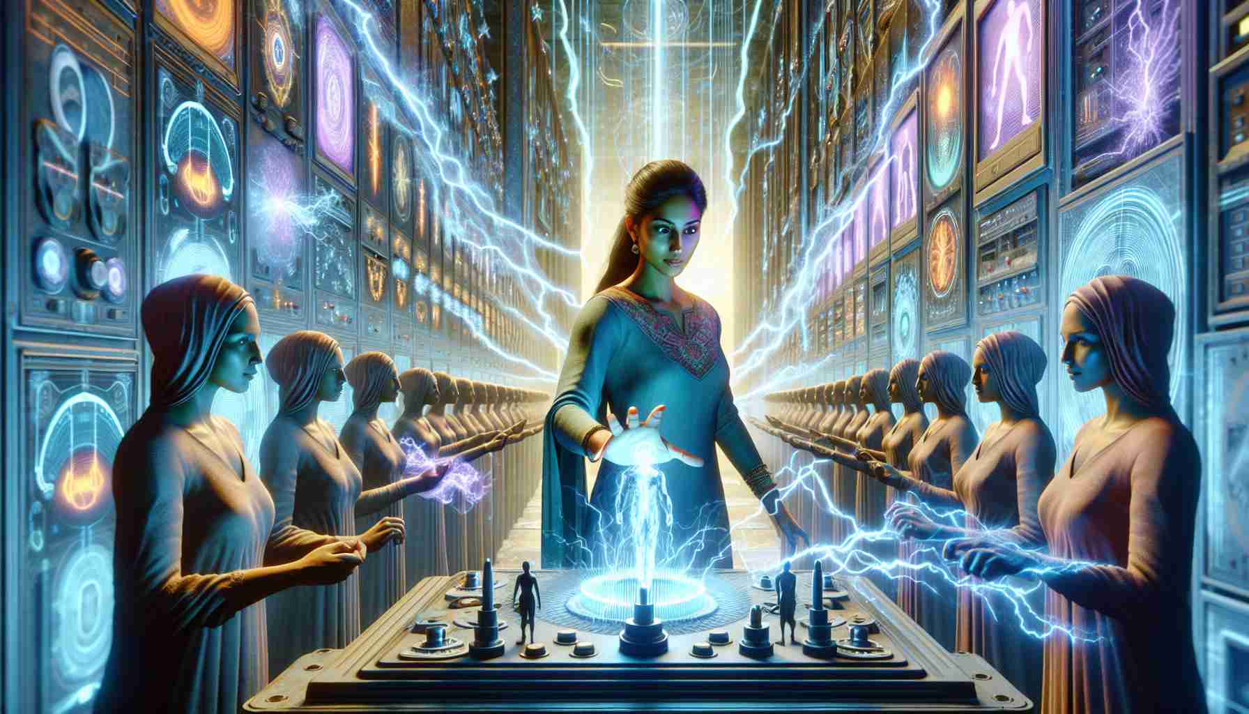 Ultra high-definition, realistic image of an intriguing scene. The main subject is a woman named Vaishali, with South Asian descent, who has successfully mastered an abstract concept of 'Energy Game'. Imagine the symbols of her victory, such as her standing amidst futuristic energy meters or panels. Feel free to represent 'energy' as beams of light she controls, perhaps with a specific hand gesture or tool. The element of surprise should be depicted in the unexpected, yet triumphant alliance that she has formed, represented by figures of varied descents and genders, all of them sharing a common goal of mastering this 'game'.