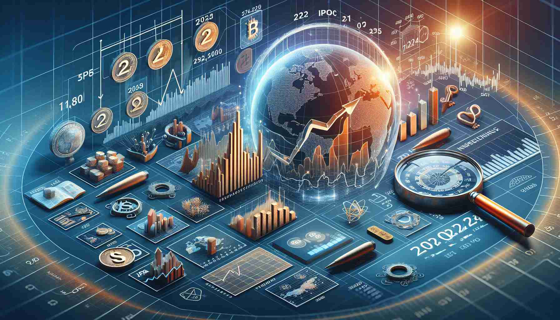 A high-definition, photorealistic image depicting the concept of the year 2024 potentially breaking all Initial Public Offering (IPO) records. Include elements like a stylized calendar or timescape of the year 2024, dynamic market graphs showing an upwards trend, symbolic representations of various businesses, and a magnifying glass or other investigative tool to signify discovery of market-shaping factors.