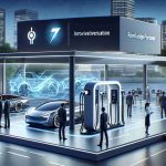 High-resolution image of a modern, innovation-centric scene where two companies are partnering to revolutionize electric vehicle (EV) charging solutions. Visualize  two distinct logos representing each partner on a large banner. The background could feature a state-of-the-art EV charging station with sleek design attributes, such as streamlined shapes and advanced display screens. The scene could include diverse personnel of different descents and genders interacting with the charging station, denoting their roles in this revolutionary project.