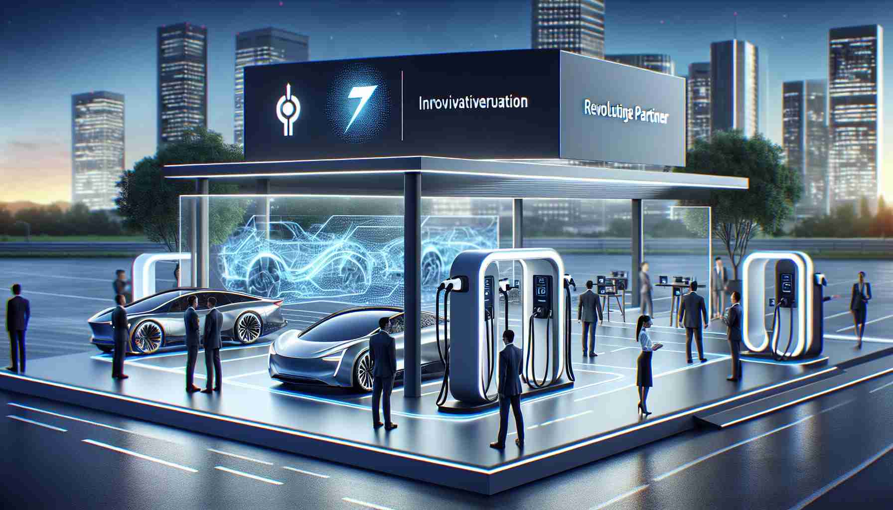 High-resolution image of a modern, innovation-centric scene where two companies are partnering to revolutionize electric vehicle (EV) charging solutions. Visualize  two distinct logos representing each partner on a large banner. The background could feature a state-of-the-art EV charging station with sleek design attributes, such as streamlined shapes and advanced display screens. The scene could include diverse personnel of different descents and genders interacting with the charging station, denoting their roles in this revolutionary project.