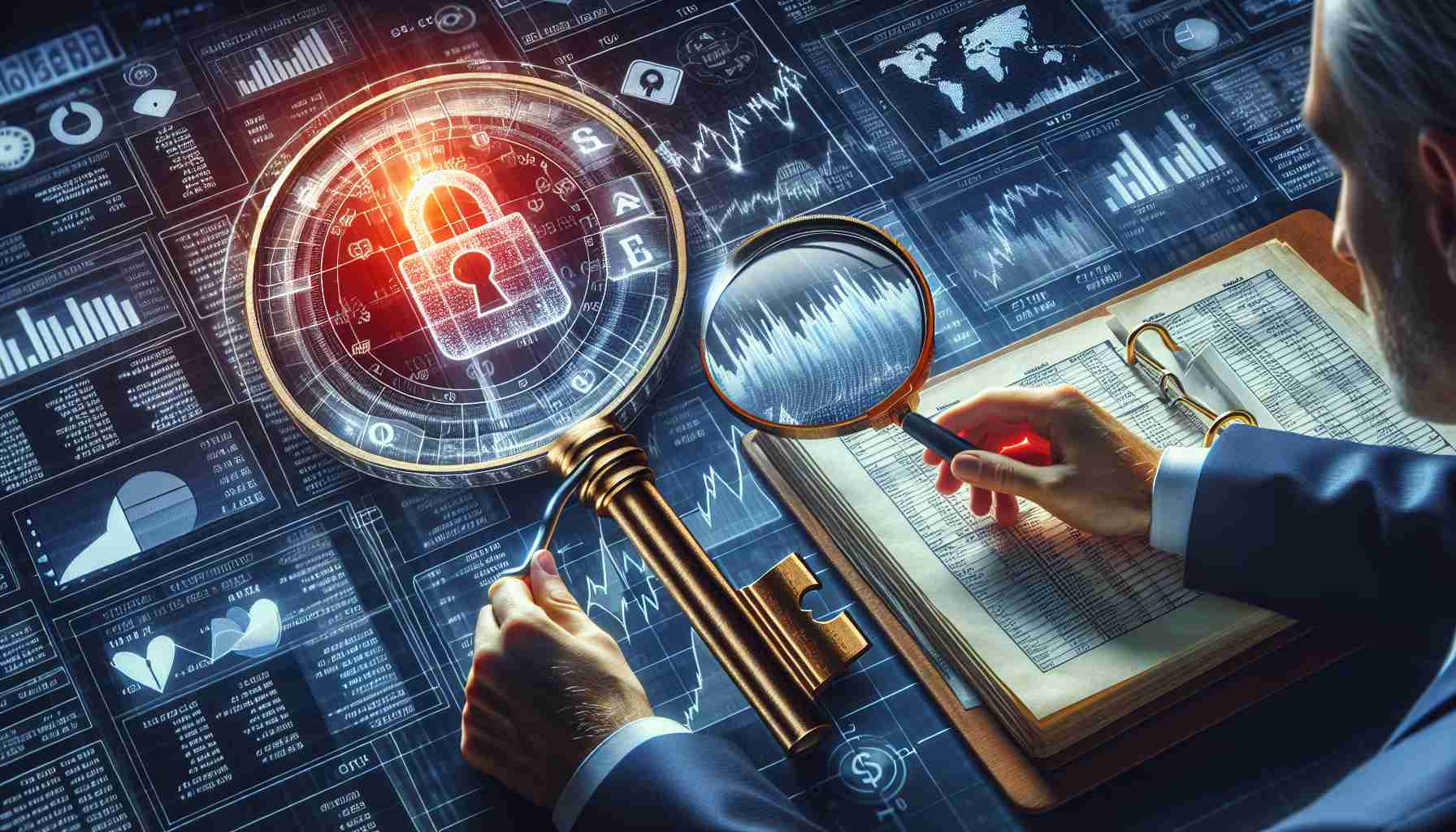 Generate a high-definition, realistic image that symbolizes the concept of 'Unlocking the Secrets: How to Check Your IPO Status Like a Pro'. This image can feature metaphoric elements such as a key opening a lock on a financial document denoting IPO status, a magnifying glass examining a list of stocks, or a professional-looking individual scrutinizing a computer screen showing stock market data.