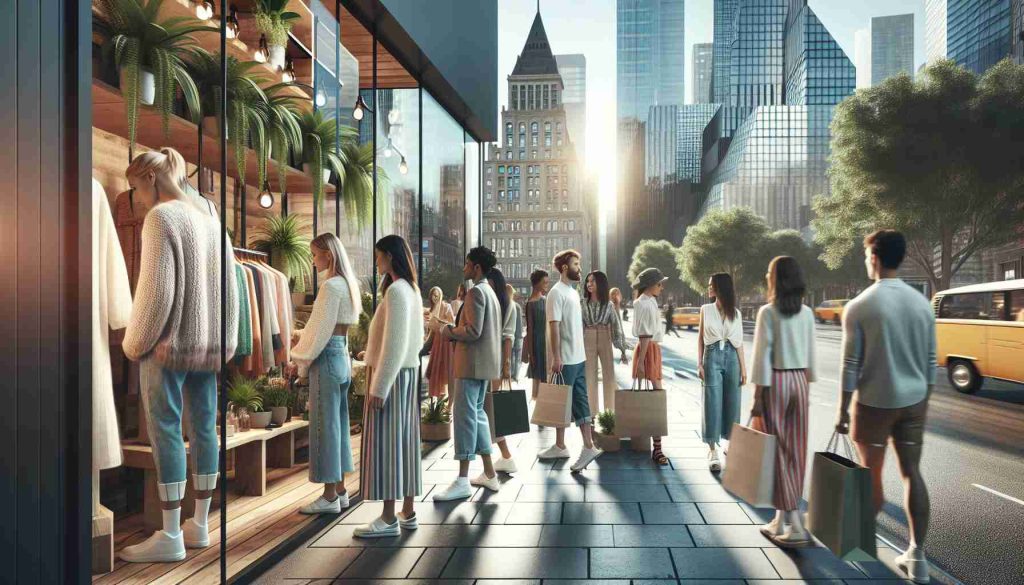 A high definition, realistic image showcasing the rise of sustainable fashion in urban cities. The scene includes a variety of trendy people of different genders and descents, showing off their eco-friendly outfits. Some of them are browsing in a boutique that sells sustainable clothing and accessories, while others are walking on busy city streets. The architecture reflects a contemporary urban landscape with skyscrapers in the background. The clothes should focus on materials like organic cotton, recycled polyester and other innovative, environmentally friendly materials. The overall mood should be positive and forward-looking, reflecting the optimistic future of sustainable fashion.