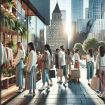 A high definition, realistic image showcasing the rise of sustainable fashion in urban cities. The scene includes a variety of trendy people of different genders and descents, showing off their eco-friendly outfits. Some of them are browsing in a boutique that sells sustainable clothing and accessories, while others are walking on busy city streets. The architecture reflects a contemporary urban landscape with skyscrapers in the background. The clothes should focus on materials like organic cotton, recycled polyester and other innovative, environmentally friendly materials. The overall mood should be positive and forward-looking, reflecting the optimistic future of sustainable fashion.