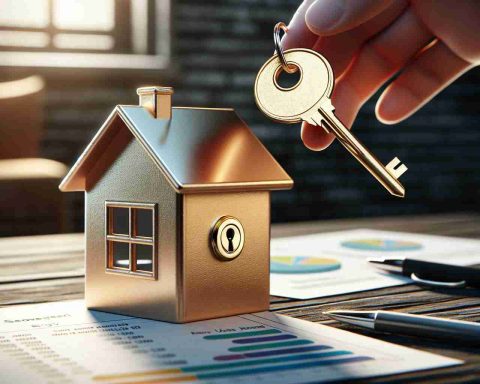 A realistic high-definition image of a key going into a lock of a house-shaped savings box, symbolizing home ownership. The key is golden, with a shiny texture reflecting the room's dim light. The lock is small and intricate, a symbol of security and protection. The box looks old and polished, and it's clearly shaped like a house, complete with a tiny roof and windows. The scene is set on a wooden table, with documents and graphs nearby depicting energy use data and graphs, showing significant savings. This visual metaphor illustrates how homeowners are making smart choices to save a lot on energy consumption.