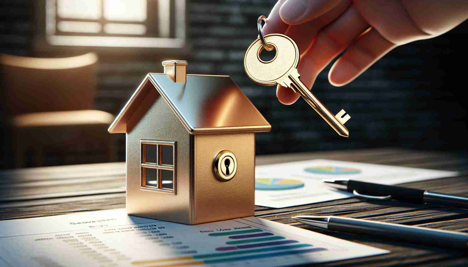 A realistic high-definition image of a key going into a lock of a house-shaped savings box, symbolizing home ownership. The key is golden, with a shiny texture reflecting the room's dim light. The lock is small and intricate, a symbol of security and protection. The box looks old and polished, and it's clearly shaped like a house, complete with a tiny roof and windows. The scene is set on a wooden table, with documents and graphs nearby depicting energy use data and graphs, showing significant savings. This visual metaphor illustrates how homeowners are making smart choices to save a lot on energy consumption.