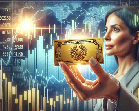 Create a high-definition, realistic image depicting the concept of initial public offering (IPO) shares as a possible source of significant wealth. This can be presented as a golden ticket in the hand of an Hispanic female investor set against a backdrop of financial charts signifying an upward trend. Reminisce the idea of striking it rich in stock market.