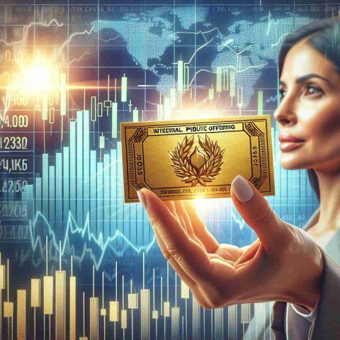 Create a high-definition, realistic image depicting the concept of initial public offering (IPO) shares as a possible source of significant wealth. This can be presented as a golden ticket in the hand of an Hispanic female investor set against a backdrop of financial charts signifying an upward trend. Reminisce the idea of striking it rich in stock market.