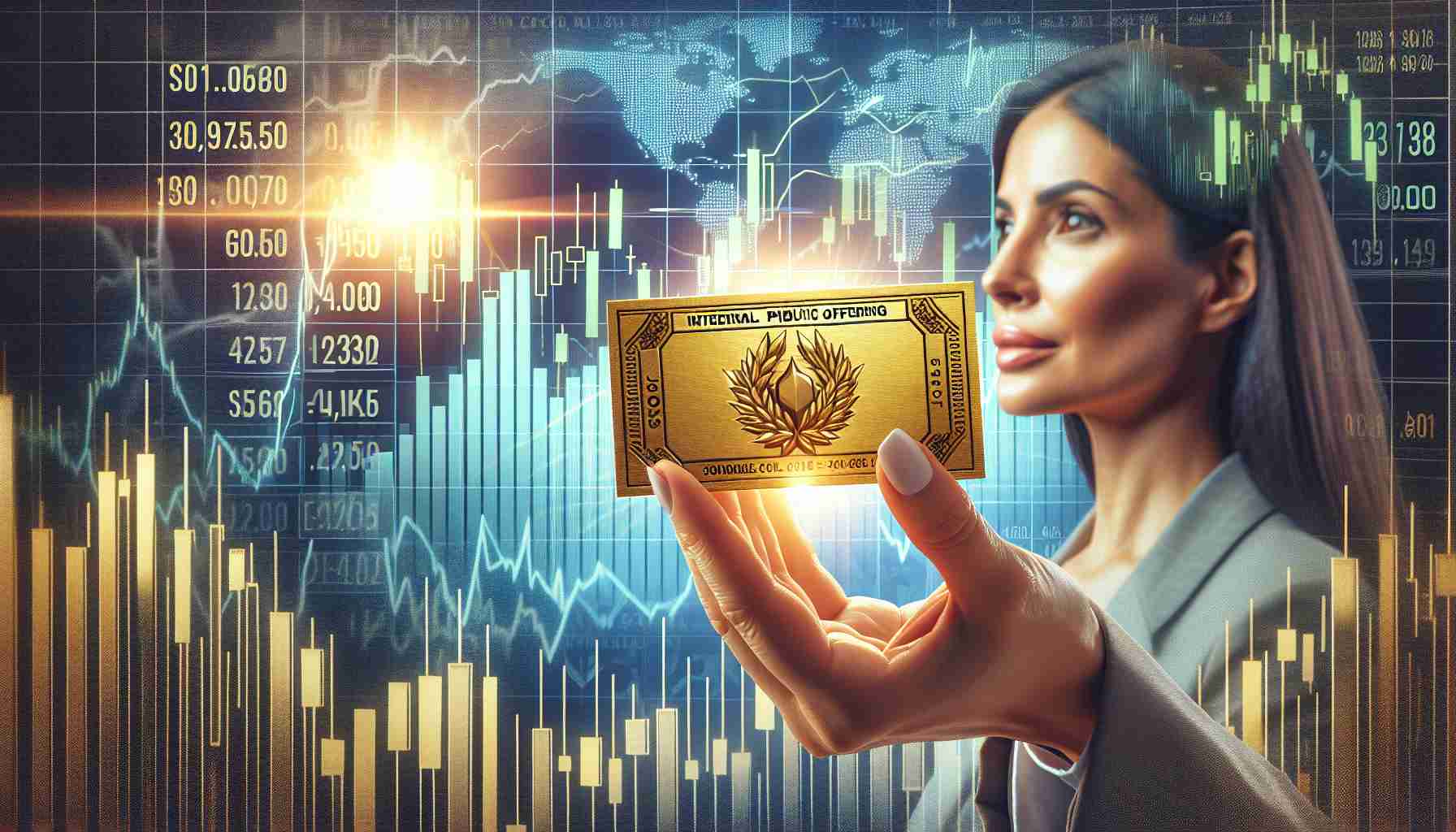 Create a high-definition, realistic image depicting the concept of initial public offering (IPO) shares as a possible source of significant wealth. This can be presented as a golden ticket in the hand of an Hispanic female investor set against a backdrop of financial charts signifying an upward trend. Reminisce the idea of striking it rich in stock market.