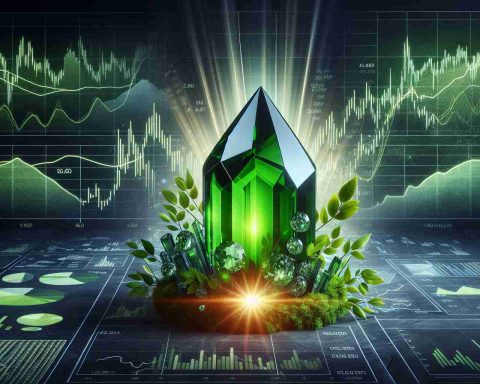 An HD picture illustrating the concept of NTPC Green Energy as a hidden gem within the stock market. This could take the form of a verdant gemstone, signifying 'green energy', brilliantly casting rays of light, situated amongst a backdrop of subtly obscured financial charts and graphs symbolizing the stock market. The gem itself is partially concealed by these financial elements, emphasizing its 'hidden' nature.