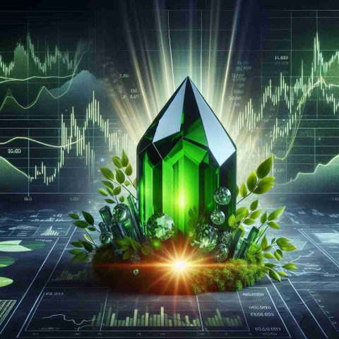 An HD picture illustrating the concept of NTPC Green Energy as a hidden gem within the stock market. This could take the form of a verdant gemstone, signifying 'green energy', brilliantly casting rays of light, situated amongst a backdrop of subtly obscured financial charts and graphs symbolizing the stock market. The gem itself is partially concealed by these financial elements, emphasizing its 'hidden' nature.