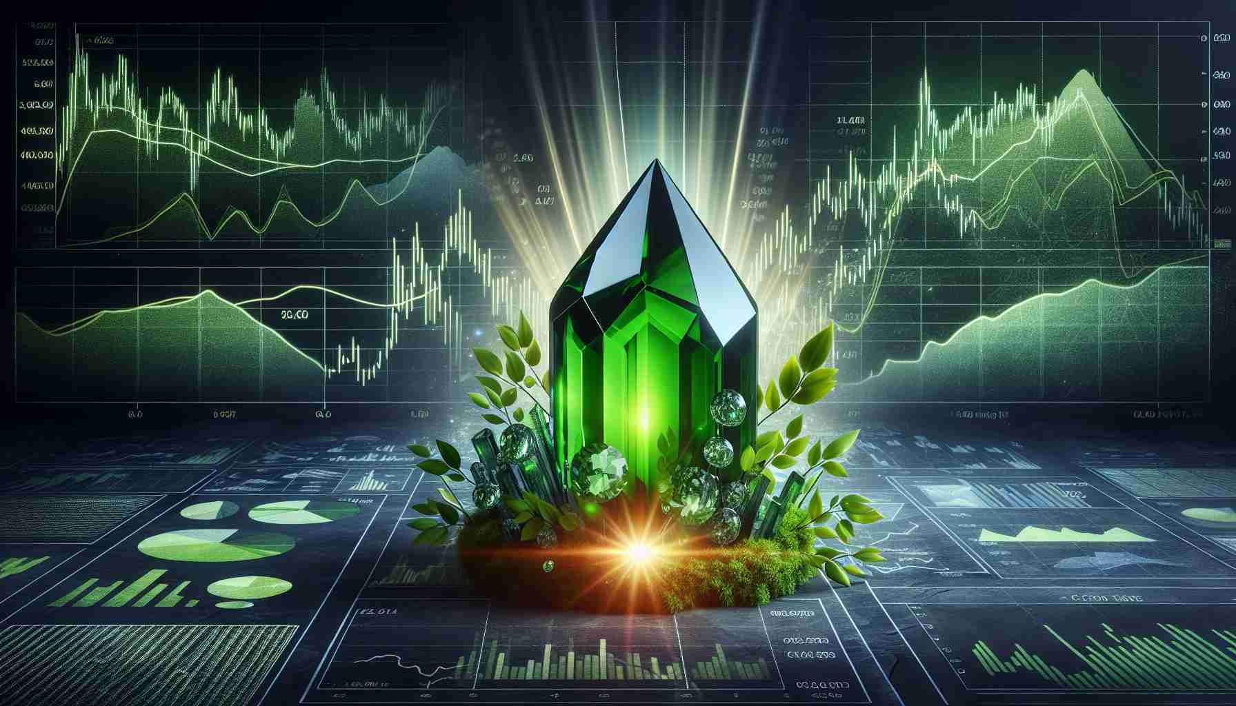 An HD picture illustrating the concept of NTPC Green Energy as a hidden gem within the stock market. This could take the form of a verdant gemstone, signifying 'green energy', brilliantly casting rays of light, situated amongst a backdrop of subtly obscured financial charts and graphs symbolizing the stock market. The gem itself is partially concealed by these financial elements, emphasizing its 'hidden' nature.