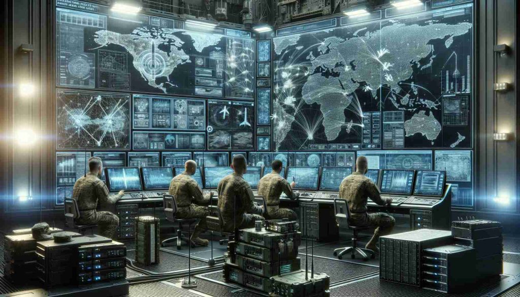 Realistic high-definition image of an advanced military communication system incorporating fifth-generation technology. In the scene, display various military personnel of different descents and genders operationally using the system, signinifying the presence of diverse backgrounds within the unit. The system may include advanced touch screen monitors, compact powerful servers, network cables, and a command and control dashboard. The surroundings are filled with complicated data flow patterns visually expressing the speed of information exchange. In the background, ensure the presence of various elements of a military environment such as camouflage patterned wall paintings, rugged laptops, antenna arrays, and encrypted radio sets.