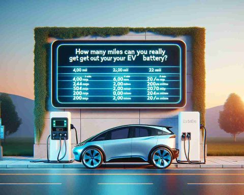 Generate a realistic high-definition image featuring a scene that conveys the question 'How Many Miles Can You Really Get Out of Your EV Battery?'. You may include an electric vehicle parked near a charging station, with a visually prominent digital screen that displays various mileages that electric vehicles can potentially reach with their battery.