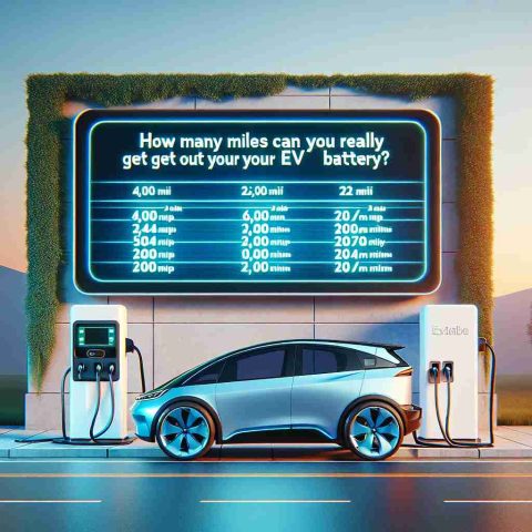 Generate a realistic high-definition image featuring a scene that conveys the question 'How Many Miles Can You Really Get Out of Your EV Battery?'. You may include an electric vehicle parked near a charging station, with a visually prominent digital screen that displays various mileages that electric vehicles can potentially reach with their battery.