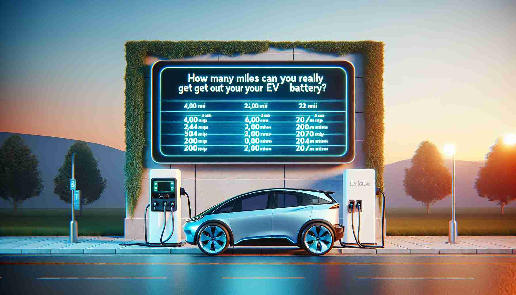 Generate a realistic high-definition image featuring a scene that conveys the question 'How Many Miles Can You Really Get Out of Your EV Battery?'. You may include an electric vehicle parked near a charging station, with a visually prominent digital screen that displays various mileages that electric vehicles can potentially reach with their battery.