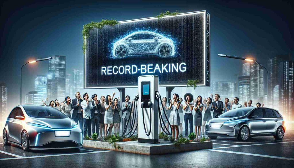 An ultra-high definition image portraying the innovative advancements in electric vehicle (EV) charging technology. Display a digital billboard announcing record-breaking growth in the field. Depict the new-age charging stations showcasing sleek, futuristic designs, interspersed with cutting-edge electric cars connected to the stations. Capture the ecstatic responses of diverse individuals of different descents and genders, some of whom are intrigued by the technology and others amazed by the rapid growth. Use an atmosphere of excitement and surprise throughout the scene.