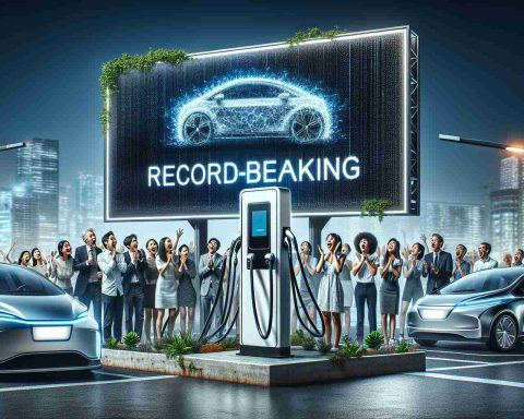 An ultra-high definition image portraying the innovative advancements in electric vehicle (EV) charging technology. Display a digital billboard announcing record-breaking growth in the field. Depict the new-age charging stations showcasing sleek, futuristic designs, interspersed with cutting-edge electric cars connected to the stations. Capture the ecstatic responses of diverse individuals of different descents and genders, some of whom are intrigued by the technology and others amazed by the rapid growth. Use an atmosphere of excitement and surprise throughout the scene.