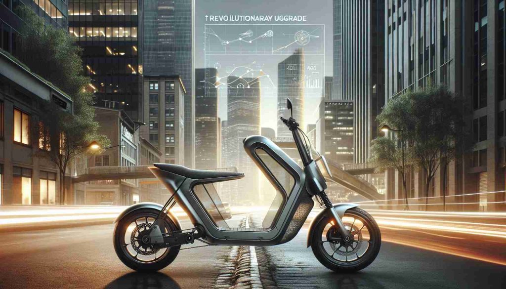 Create a high-definition realistic image showcasing the 'Revolutionary Upgrade'. This is a modern, eco-friendly Urban Cruiser designed for the city lifestyle. Features to focus on include its sleek design, use of sustainable materials, and technology integrated for a smoother and greener ride. The vehicle stands against an urban backdrop with bustling city life.