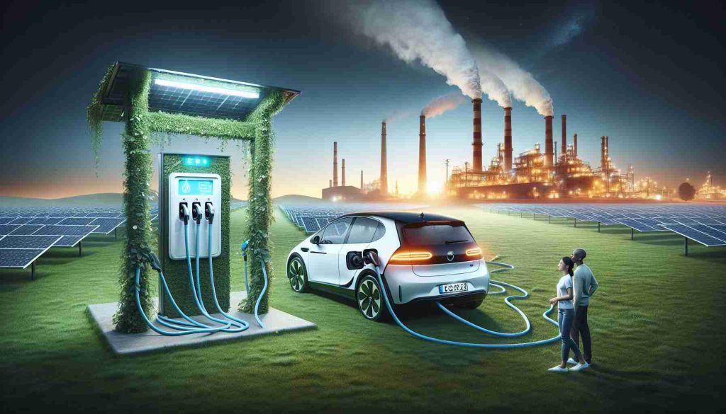 A detailed and realistic high-definition image showcasing the environmental impact of electric vehicles. Picture this: A charge dock for electric cars is built on an ostensibly clean and refreshing grassy field. The power cables link directly to an array of solar panels, indicating green, renewable energy sources fueling the vehicles. In the background, visualize the contrast of a dusk setting showing a factory with smoking chimneys, symbolizing traditional fuel sources. In the foreground, an Asian woman and a Black man are seen observing this transformation in vehicle energy sources, signifying human interest and interaction.