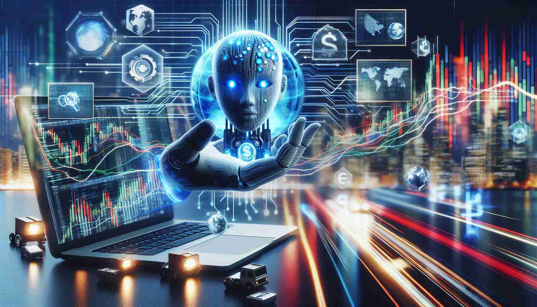 Realistic HD image of a dynamic scene depicting the influence of AI on global markets. This could include symbolism representing AI (like circuits, robots, computer screens with code), and elements of a booming market (such as graphs indicating growth, bustling trade floors, or globe with interconnected trade routes).