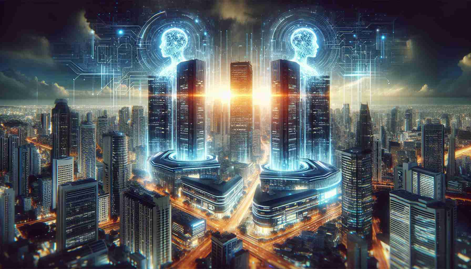 A conceptual imagery showing two large-scale artificial intelligence structures standing tall, symbolizing AI giants, amidst a bustling city skyline, indicating the booming enterprise demand. The buildings emit vibrant light as if radiating power. The environment is digitally futuristic and the cityscape glows with signs of technological progress. The image is intense and highly detailed, evoking a sense of realism.