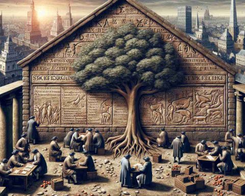 High-definition, realistic image of a conceptual representation of the origins of the stock exchange. Show trading activities in the seventeenth century, brokers congregating under a buttonwood tree, exchanging shares and bonds. On a stone wall, carved out are symbols and ancient scripts indicating a marketplace. In the background, a bustling cityscape of the 17th century showing a bustling commercial hub.