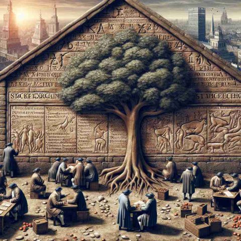 High-definition, realistic image of a conceptual representation of the origins of the stock exchange. Show trading activities in the seventeenth century, brokers congregating under a buttonwood tree, exchanging shares and bonds. On a stone wall, carved out are symbols and ancient scripts indicating a marketplace. In the background, a bustling cityscape of the 17th century showing a bustling commercial hub.