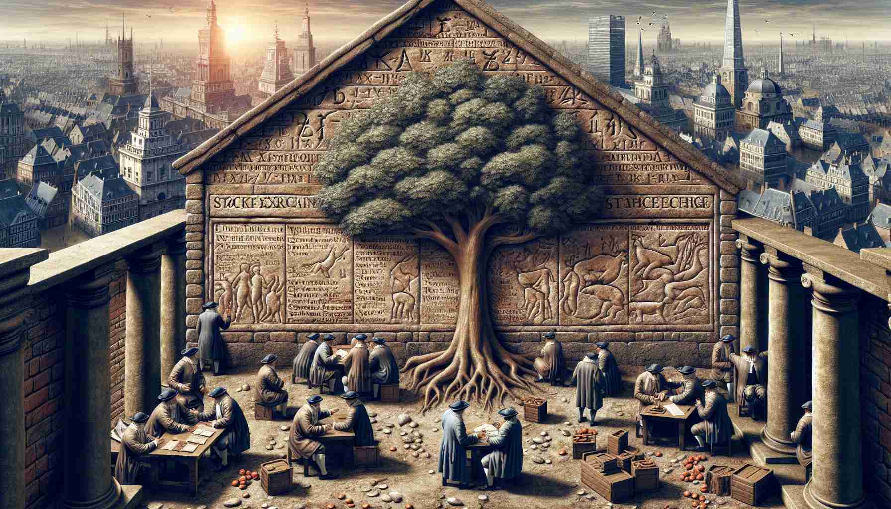 High-definition, realistic image of a conceptual representation of the origins of the stock exchange. Show trading activities in the seventeenth century, brokers congregating under a buttonwood tree, exchanging shares and bonds. On a stone wall, carved out are symbols and ancient scripts indicating a marketplace. In the background, a bustling cityscape of the 17th century showing a bustling commercial hub.