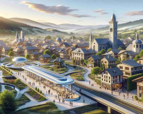 Realistic high-definition image of a small, picturesque town nestled in a lush valley. The town's architecture suggests a significant historical background, while its infrastructure displays keen foresight into future travel innovation. A key spot in the town is a state-of-the-art travel hub, seamlessly blending with the older buildings and landscapes. The hub is buzzing with activity, with people of various descents and genders discussing travel plans, walking around, and interacting with advanced travel tech. The scene is set under a clear, vibrant sky, hinting at the town's promising future in travel innovation.