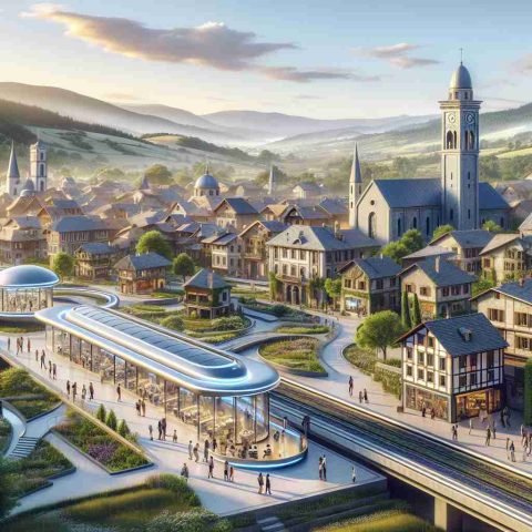 Realistic high-definition image of a small, picturesque town nestled in a lush valley. The town's architecture suggests a significant historical background, while its infrastructure displays keen foresight into future travel innovation. A key spot in the town is a state-of-the-art travel hub, seamlessly blending with the older buildings and landscapes. The hub is buzzing with activity, with people of various descents and genders discussing travel plans, walking around, and interacting with advanced travel tech. The scene is set under a clear, vibrant sky, hinting at the town's promising future in travel innovation.