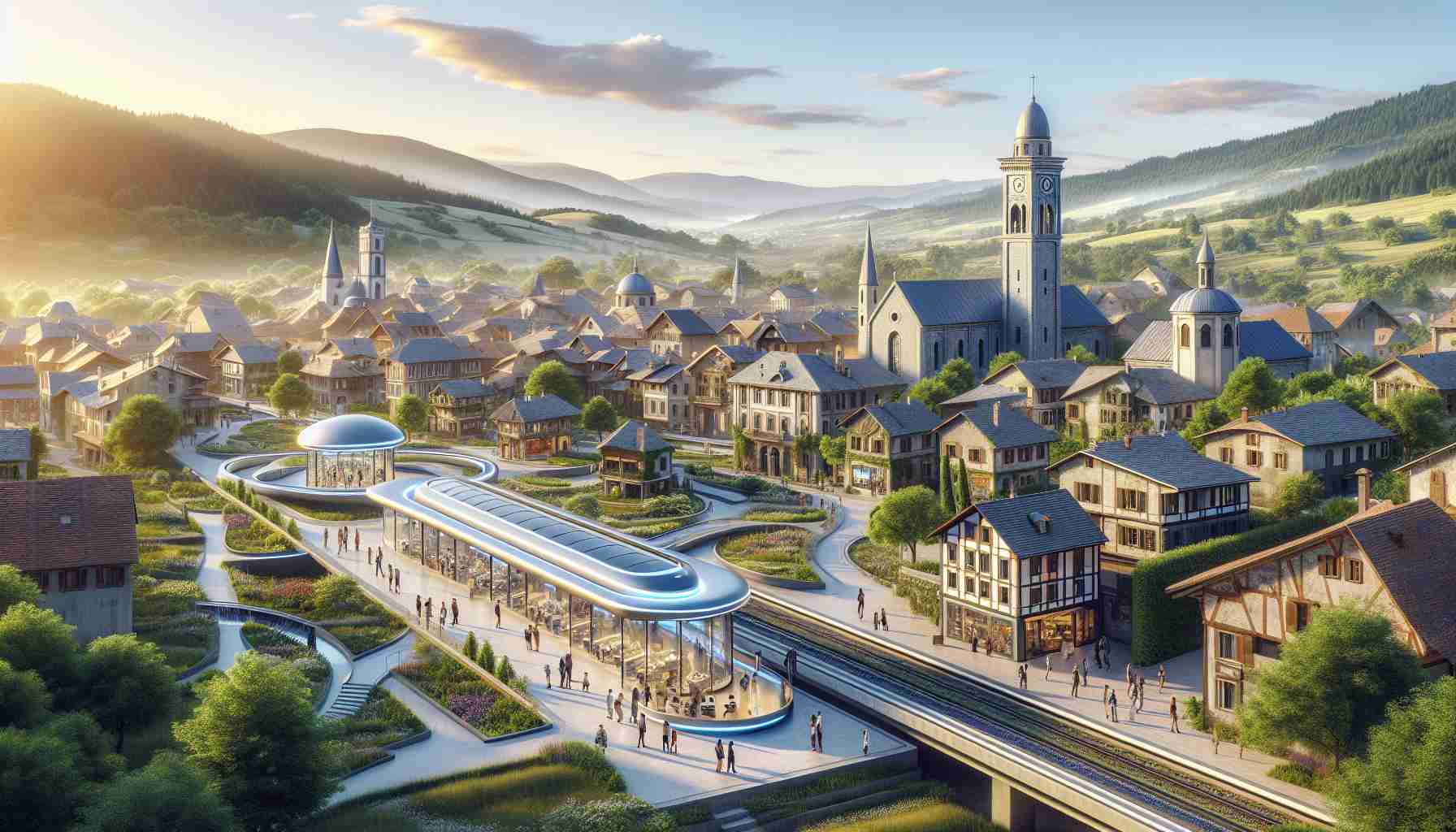 Realistic high-definition image of a small, picturesque town nestled in a lush valley. The town's architecture suggests a significant historical background, while its infrastructure displays keen foresight into future travel innovation. A key spot in the town is a state-of-the-art travel hub, seamlessly blending with the older buildings and landscapes. The hub is buzzing with activity, with people of various descents and genders discussing travel plans, walking around, and interacting with advanced travel tech. The scene is set under a clear, vibrant sky, hinting at the town's promising future in travel innovation.