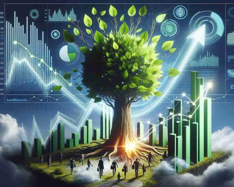 Compose a hyper-realistic image demonstrating the metaphorical massive growth of a tech company signified by a towering green tree, with its flourishing leaves as symbols of various aspects of the tech industry. Include a chart in the corner depicting upward trends and surprising advancements, while positively defying all expectations.