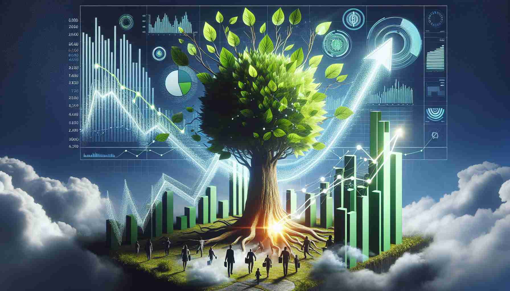 Compose a hyper-realistic image demonstrating the metaphorical massive growth of a tech company signified by a towering green tree, with its flourishing leaves as symbols of various aspects of the tech industry. Include a chart in the corner depicting upward trends and surprising advancements, while positively defying all expectations.