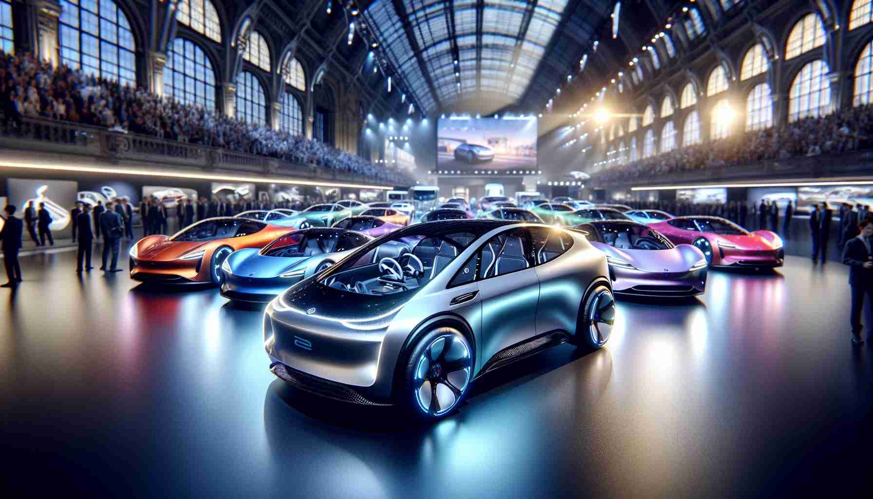 A High-Definition, ultra-realistic depiction of cutting-edge electric car innovations, revealed at a prominent international auto show located in a large European city known for its iconic monuments and art. The scene encompasses brilliantly designed vehicles with advanced features such as energy-saving systems, integrated touch screens, futuristic headlights, and sleek interiors. Perfectly polished car bodies of various colors gleam under the bright spotlights of the exhibition hall, attracting the attention of passionate automobile enthusiasts from all around the world.