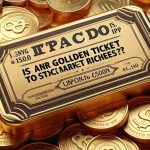 Realistic high-definition image of a golden ticket that symbolizes entrance to the stock market riches. The ticket bears the caption 'Is an IPO Your Golden Ticket to Stock Market Riches?'