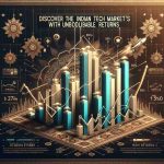 Generate a realistic high-definition image displaying an infographic of the Indian tech market, exhibiting rising stars, defined as emerging tech companies with outstanding profits. Infographic should showcase skyrocketing bar graphs and trend lines to represent high returns. The background can be adorned with faint, elegant traditional Indian motifs to embrace the theme, while the text should be clear, legible, and in contrast to the background. The words 'Discover the Indian Tech Market's Hidden Stars With Unbelievable Returns' should appear prominently.