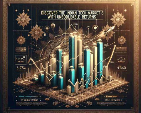 Generate a realistic high-definition image displaying an infographic of the Indian tech market, exhibiting rising stars, defined as emerging tech companies with outstanding profits. Infographic should showcase skyrocketing bar graphs and trend lines to represent high returns. The background can be adorned with faint, elegant traditional Indian motifs to embrace the theme, while the text should be clear, legible, and in contrast to the background. The words 'Discover the Indian Tech Market's Hidden Stars With Unbelievable Returns' should appear prominently.