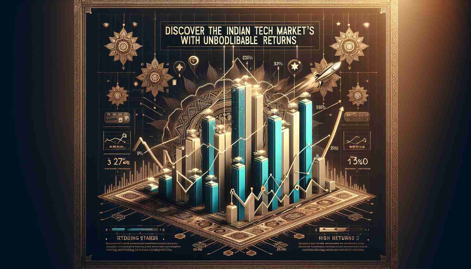 Generate a realistic high-definition image displaying an infographic of the Indian tech market, exhibiting rising stars, defined as emerging tech companies with outstanding profits. Infographic should showcase skyrocketing bar graphs and trend lines to represent high returns. The background can be adorned with faint, elegant traditional Indian motifs to embrace the theme, while the text should be clear, legible, and in contrast to the background. The words 'Discover the Indian Tech Market's Hidden Stars With Unbelievable Returns' should appear prominently.