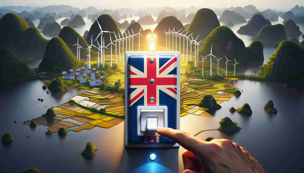 High-definition, realistic photograph of a visual metaphor illustrating the United Kingdom's significant initiative in the energy sector and its implications for Vietnam. This can be represented as a vibrant switch with the Union Jack design being turned on, causing a ripple effect shown as growing green energy sources like wind turbines and solar panels in a landscape characterized by Vietnamese elements, such as terraced rice fields and limestone islands.