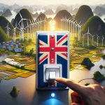 High-definition, realistic photograph of a visual metaphor illustrating the United Kingdom's significant initiative in the energy sector and its implications for Vietnam. This can be represented as a vibrant switch with the Union Jack design being turned on, causing a ripple effect shown as growing green energy sources like wind turbines and solar panels in a landscape characterized by Vietnamese elements, such as terraced rice fields and limestone islands.