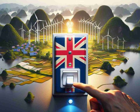 High-definition, realistic photograph of a visual metaphor illustrating the United Kingdom's significant initiative in the energy sector and its implications for Vietnam. This can be represented as a vibrant switch with the Union Jack design being turned on, causing a ripple effect shown as growing green energy sources like wind turbines and solar panels in a landscape characterized by Vietnamese elements, such as terraced rice fields and limestone islands.