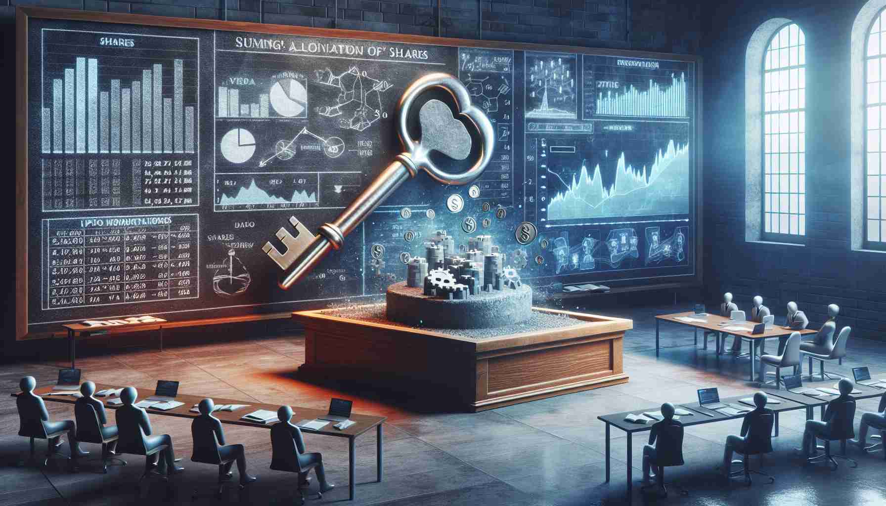 A highly detailed, realistic depiction of the process of allocating shares during an Initial Public Offering (IPO). The scene should include symbols and visual metaphors to represent the nuances of the process such as physical representations of shares, representation of potential investors, and the metaphorical 'key' to unlocking the mystery. Include a chalkboard or a screen in the background depicting financial models and statistics related to the IPO process. As these concepts are abstract, the representation should be metaphorical and illustrative, rather than literal.