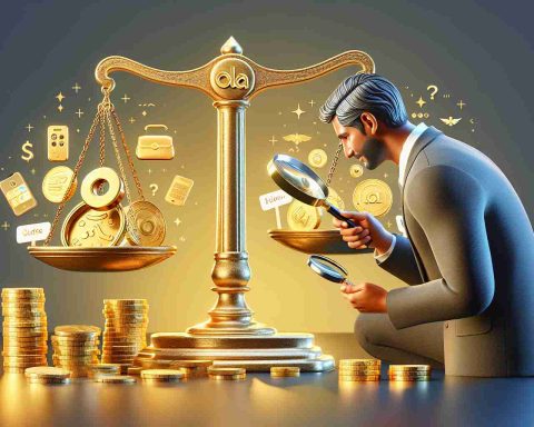 A realistic HD photo depicting the concept of 'Is Your Ola Gold Subscription Worth It?'. The image should visually represent the idea of weighing the pros and cons of a hypothetical gold subscription service, without mentioning any specific names. Display a pair of scales, with gold coins on one side and a list of features or services on the other. Include a person analyzing it, a Hispanic man using a magnifying glass to scrutinize items. To add context, show the emblematic golden emblem denoting 'premium' service at the background.