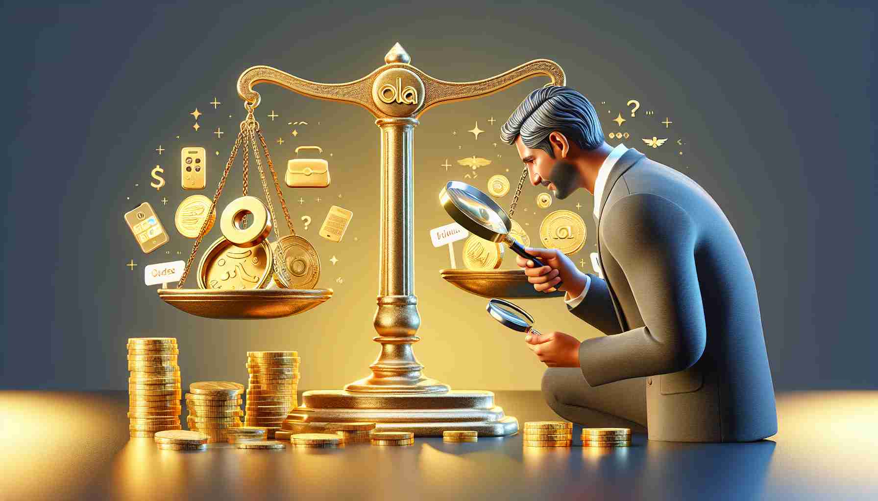 A realistic HD photo depicting the concept of 'Is Your Ola Gold Subscription Worth It?'. The image should visually represent the idea of weighing the pros and cons of a hypothetical gold subscription service, without mentioning any specific names. Display a pair of scales, with gold coins on one side and a list of features or services on the other. Include a person analyzing it, a Hispanic man using a magnifying glass to scrutinize items. To add context, show the emblematic golden emblem denoting 'premium' service at the background.